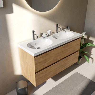 Saniclass Holz Pure Ensemble de meubles de salle de bains - 120x45x63.5cm - lavabo en céramique Palermo blanc - 2 vasques - 2 trous de robinet - 4 tiroirs - chêne natural mat (bois)