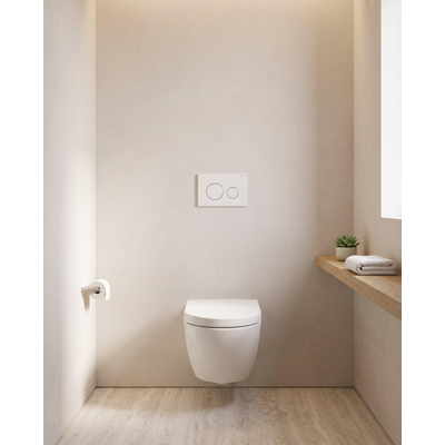 Pack WC QeramiQ Dely Swirl Compact - réservoir encastrable Geberit UP320 - avec bâti-support Burda - abattant 25 mm - plaque de commande en plastique blanc brillant - boutons ronds - blanc mat