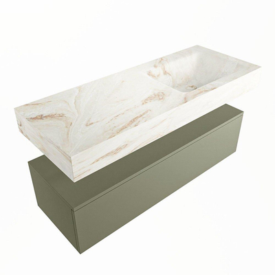 Mondiaz ALAN-DLUX Ensemble de meuble - 120cm - meuble Army mat - 1 tiroir - Lavabo Cloud Frappe suspendu - vasque Droite - 0 trous de robinet