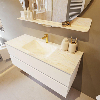 Mondiaz VICA-DLUX ensemble de meuble de salle de bain - 120cm - meuble sous lavabo talc - 2 tiroirs - lavabo encastré cloud milieu - 1 trou de robinet - miroir modèle spot - version XL 60cm haut - ostra