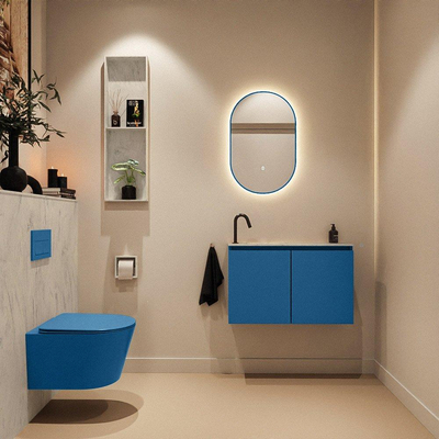 MONDIAZ TURE-DLUX Meuble toilette - 80cm - Jeans - EDEN - vasque Opalo - position gauche - 1 trou de robinet