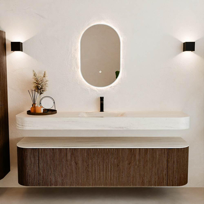 MONDIAZ THOR-DLUX 180cm badmeubel ronding links + rechts kleur Walnut met 2 lades en 2 deuren. Vrijhangende wastafel CLOUD Midden 1 kraangat kleur Meli.