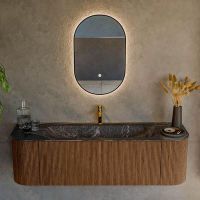 MONDIAZ KURVE-DLUX 150cm Meuble salle de bain avec module 25 G et D - couleur Walnut - 1 tiroir - 2 portes - vasque BIG MEDIUM centre - 1 trou de robinet - couleur Lava