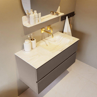 Mondiaz VICA-DLUX ensemble de meuble de salle de bain - 100cm - meuble sous-vasque fumée - 2 tiroirs - lavabo encastré nuage droite - sans trous de robinet - version haute 60cm - ostra