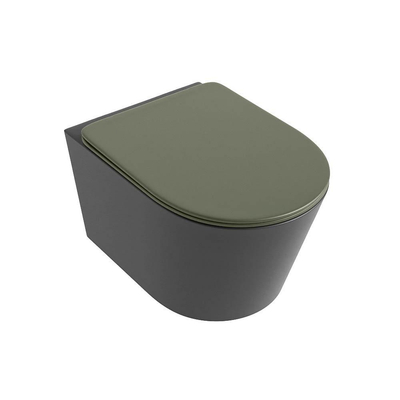 Mondiaz LAVIE hangtoilet – spoelrandloos – 36 x 53 cm – met softclose zitting – Dark grey (grijs), zitting Army (groen)
