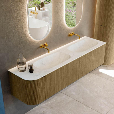 Ensemble de meuble de salle de bain Mondiaz KURVE-DLUX - 175x46x40cm - 2 tiroirs - 1 porte - lavabo en solid surface - double / droite - sans trou de robinet - Dusk