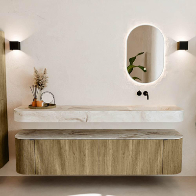 MONDIAZ THOR-DLUX Meuble de salle de bains - 190cm - arrondi gauche + droite - couleur Dusk - 2 tiroirs et 2 portes - Vasque suspendue CLOUD Droite sans trou de robinet - couleur Frappe