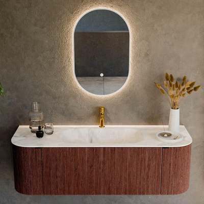 Mondiaz KURVE-DLUX Badkamermeubelset - 140x46x40cm - 1 lade - 2 deuren - wastafel solid surface - midden - 1 kraangat - Ruby