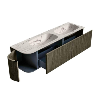 MONDIAZ KURVE-DLUX Meuble de salle de bains 165cm arrondi à gauche couleur Shadow avec 2 tiroirs et 1 porte. Lavabo STOR SMALL Double / À droite 2 trous de robinet Nata.