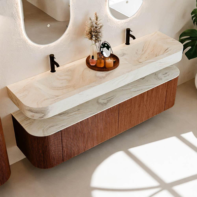 MONDIAZ THOR-DLUX 180cm meuble de salle de bains arrondi gauche + droite couleur Ruby avec 2 tiroirs et 2 portes. Vasque suspendue CLOUD Double 2 trous de robinet couleur Ostra.