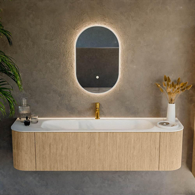 MONDIAZ KURVE 170cm Meuble salle de bain avec module 25 G et D - couleur Oak - 1 tiroir - 2 portes - vasque BIG LARGE centre - 1 trou de robinet - Talc