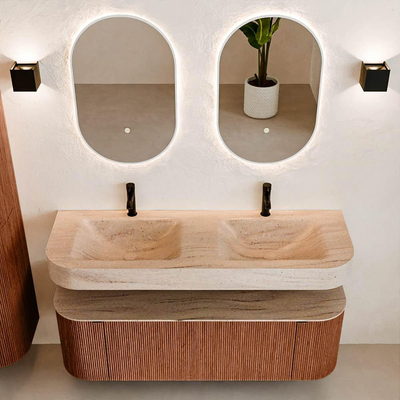 MONDIAZ THOR-DLUX 140cm meuble de salle de bains arrondi gauche + droite couleur Ruby avec 1 tiroir et 2 portes. Vasque suspendue CLOUD Double 2 trous de robinet couleur Saba.