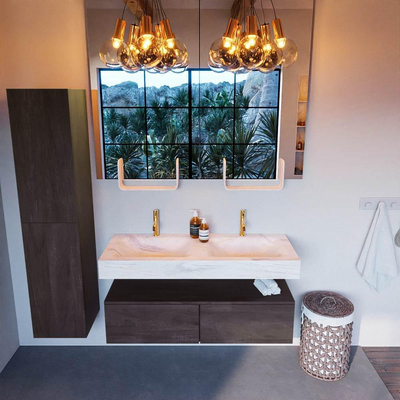 Mondiaz ALAN-DLUX Ensemble de meuble de salle de bain - 130x46cm - 2 tiroirs - vasque suspendue - 2 trous de robinetterie - 2 doubles - Dark Brown (chêne foncé)