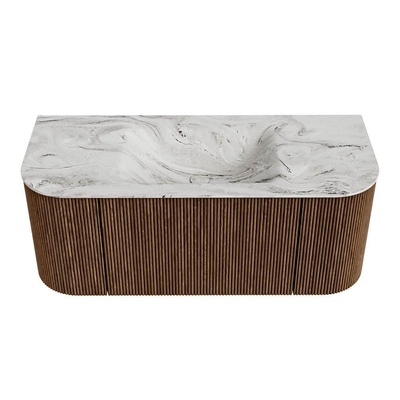 MONDIAZ KURVE-DLUX 110cm Meuble salle de bain avec module 25 G et D - couleur Walnut - 1 tiroir - 2 portes - vasque CLOUD centre - sans trou de robinet - couleur Glace