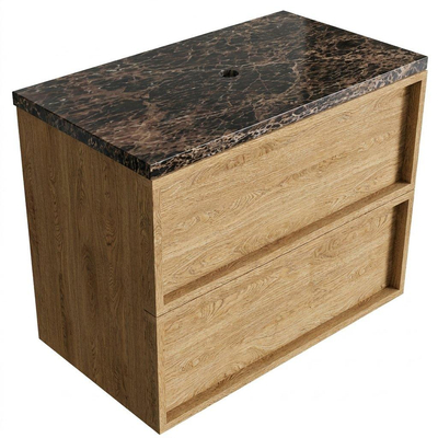 Saniclass Holz Frame Ensemble de meubles de salle de bains - 80x45x63cm - plan de travail en pierre naturelle Noche dark emperador - sans trou de robinetterie - 2 tiroirs - chêne naturel mat (bois)