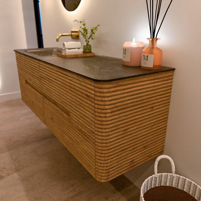 Mondiaz CIRO-DLUX Badkamermeubelset - 150x45x50cm - Solid surface wastafel Lava - 1 wasbak Links - zonder kraangaten - 4 lades - Oak