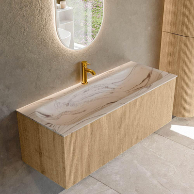 MONDIAZ KURVE-DLUX 120cm badmeubel kleur Oak met 1 lade en 0 deuren. Wastafel BIG LARGE Midden 1 kraangat Nata.
