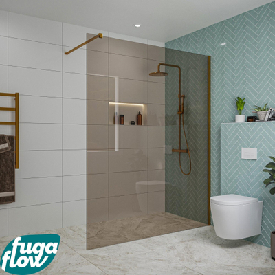 FugaFlow Eccelente Vetro douche à l'italienne salle de bain - 160x200cm - verre fumé - bras mural - cuivre brossé