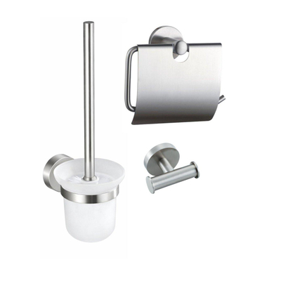 Fortifura Calvi Toiletset 3-delig - toiletrolhouder - met klep - toiletborstel - handdoekhaak dubbel rond - PVD - geborsteld RVS