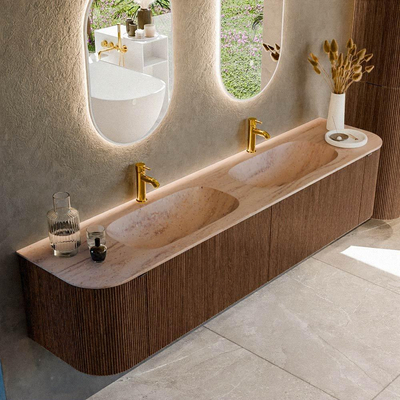MONDIAZ KURVE-DLUX Meuble de salle de bains 200cm arrondi Gauche + Droite couleur Walnut avec 2 tiroirs et 2 portes. Plan-vasque STOR SMALL Double 2 trous de robinet Saba.
