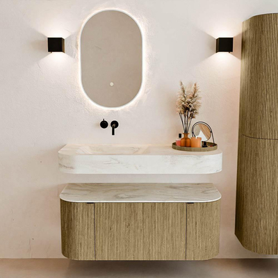 MONDIAZ THOR-DLUX 110cm meuble de salle de bains arrondi gauche + droite couleur Dusk avec 1 tiroir et 2 portes. Vasque suspendue CLOUD Gauche sans trou de robinet couleur Ostra.