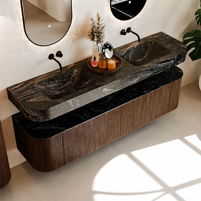 MONDIAZ THOR-DLUX 180cm meuble de salle de bains arrondi gauche + droite couleur Walnut avec 2 tiroirs et 2 portes. Vasque suspendue CLOUD Double sans trou de robinet couleur Lava.