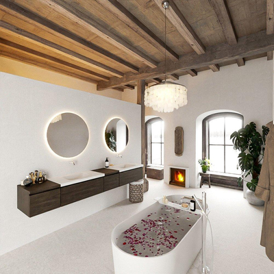 MONDIAZ BUKLA 240cm ensemble de meuble avec module 40 à droite couleur Marron Foncé avec 4 tiroirs. Lavabo CLOUD double 0 trou de robinet couleur Talc.