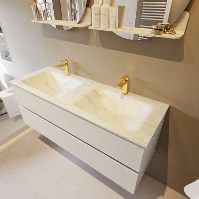 Mondiaz VICA-DLUX Ensemble de meuble de salle de bain - 130cm - meuble sous-vasque lin - 2 tiroirs - lavabo encastrée cloud double - 2 trous de robinet - version haute de 60cm - opalo