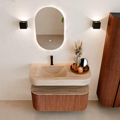 MONDIAZ THOR-DLUX 100cm meuble de salle de bains arrondi gauche + droite couleur Ruby avec 1 tiroir et 2 portes. Vasque suspendue CLOUD Gauche 1 trou de robinet couleur Saba.