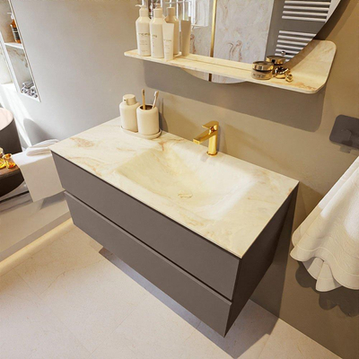 Mondiaz VICA-DLUX Ensemble de meuble de salle de bain - 100cm - meuble sous-vasque fumée - 2 tiroirs - lavabo encastré nuage droite - 1 trou de robinet - version haute 60cm - frape