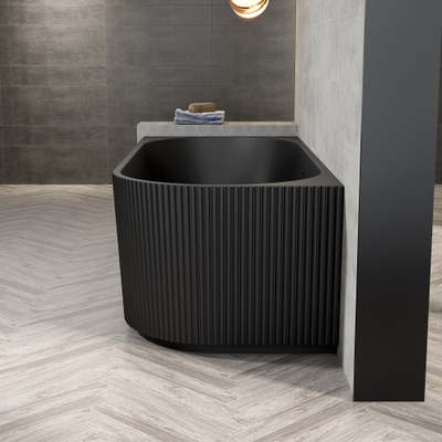Zeza Nuo Half Vrijstaand Bad - 170x80x58cm - links - ribbel - met afvoer - mat zwart OUTLETSTORE