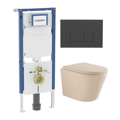 QeramiQ Dely Swirl Pack WC - 36,3x51,7cm - réservoir encastré Geberit UP720 Duofix Sigma - assise de 35 mm - plaque de déclenchement anthracite mat - boutons rectangulaires - beige
