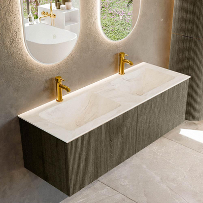 Mondiaz KURVE-DLUX Badkamermeubelset - 130x46x40cm - 2 lade - wastafel solid surface - dubbel - 2 kraangaten - Shadow