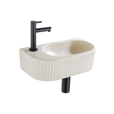 QeramiQ Fuente Ensemble de lavabo - 40x21.5x12cm - gauche - nervuré - demi-rond - 1 trou de robinet - céramique - robinet de lavabo noir mat - bonde - siphon abaissé - beige