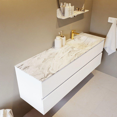 Mondiaz VICA-DLUX ensemble de meuble de salle de bain - 150cm - meuble sous-vasque talc - 4 tiroirs - lavabo encastré cloud droite - 1 trou de robinet - version haute de 60cm - glace