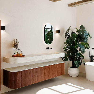 MONDIAZ THOR-DLUX 200cm meuble de salle de bains arrondi gauche + droite couleur Ruby avec 2 tiroirs et 2 portes. Vasque suspendue CLOUD Droite sans trou de robinet couleur Ostra.