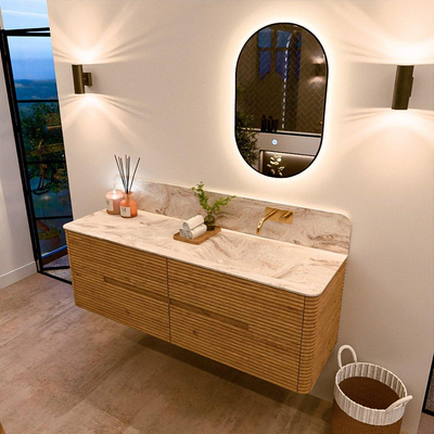Mondiaz CIRO-DLUX Badkamermeubelset - 150x45x50cm - Solid surface wastafel Frappe - 1 wasbak Rechts - zonder kraangaten - 4 lades - Oak