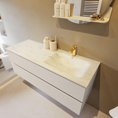 Mondiaz VICA-DLUX ensemble de meuble de salle de bain - 130cm - meuble sous-vasque lin - 2 tiroirs - lavabo encastré cloud droite - 1 trou de robinet - version haute de 60cm - opalo