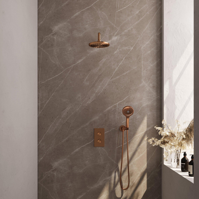 Ensemble de douche pluie encastré Brauer Copper Carving - douche principale 20 cm - bouton Carving - douchette ronde 3 positions - PVD - cuivre brossé