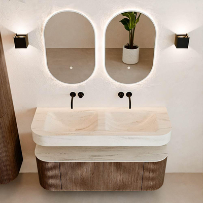 MONDIAZ THOR-DLUX 130cm meuble de salle de bains arrondi gauche + droite couleur Walnut avec 1 tiroir et 2 portes. Vasque suspendue CLOUD Double sans trou de robinet couleur Meli.