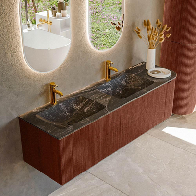 Mondiaz KURVE-DLUX Badkamermeubelset - 155x46x40cm - 2 lade - 1 deur - wastafel solid surface - dubbel / links - 2 kraangaten - Ruby
