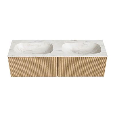MONDIAZ KURVE-DLUX Meuble de salle de bains 150 cm couleur Oak avec 2 tiroirs. Lavabo STOR SMALL double sans trou de robinet couleur Ostra.