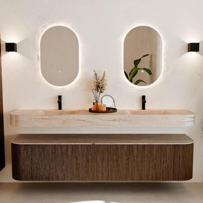 MONDIAZ THOR-DLUX 200cm meuble de salle de bains arrondi à gauche + à droite couleur Noyer avec 2 tiroirs et 2 portes. Lavabo suspendu CLOUD Double 2 trous de robinet couleur Saba.