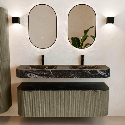 MONDIAZ THOR-DLUX 140cm meuble de salle de bains arrondi gauche + droite couleur Shadow avec 1 tiroir et 2 portes. Vasque suspendue CLOUD Double 2 trous de robinet couleur Lava.