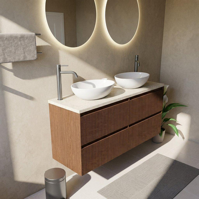 Saniclass Holz Atelier Ensemble de meubles de salle de bains - 140x45x63cm - Plan de travail en pierre naturelle travertin - 2 trous de robinet - 4 tiroirs - walnut pure mat (bois)