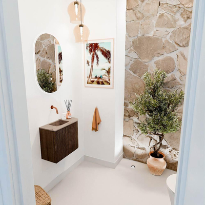 Mondiaz JOYA-DLUX 51.6cm toiletmeubel - ronding rechts kleur Walnut - Wastafel FAYE positie Links Zonder kraangat kleur Arena.