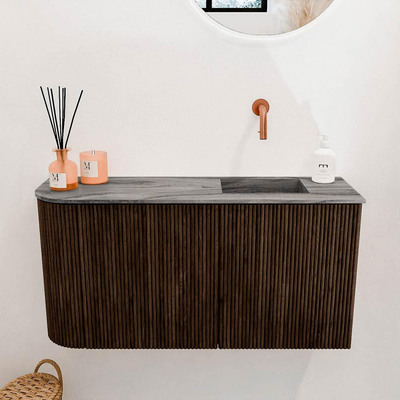 Mondiaz JOYA-DLUX 81.6cm toiletmeubel - ronding links kleur Walnut - Wastafel FAYE positie Rechts Zonder kraangat kleur Sombra.