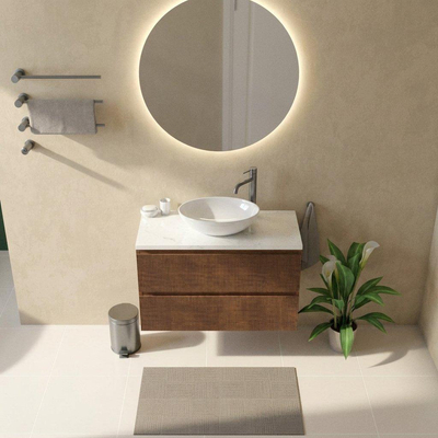Saniclass Holz Atelier Ensemble de meubles de salle de bains - 100x45x63cm - Plan vasque en marbre Dia poli (blanc) - 1 trou de robinet - 2 tiroirs - noyer pure mat (bois)