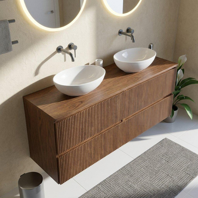 Saniclass Holz Atelier Ensemble de meubles de salle de bains - 160x45x62cm - plan de travail en bois - sans trou de robinetterie - 4 tiroirs - noyer pure mat (bois)