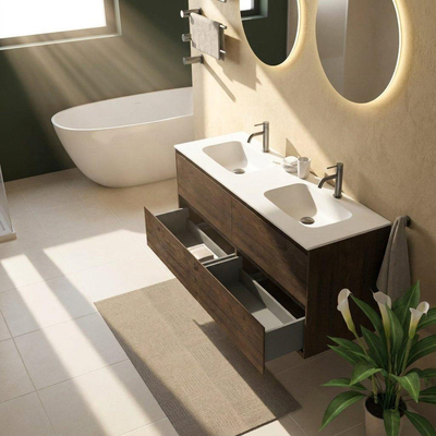 Saniclass Holz Pure Ensemble de meuble de salle de bains - 140x45x61.5cm - Vasque Flow en solid surface blanc - 2 vasques - 2 trous de robinet - 4 tiroirs - chêne charcoal mat (bois)